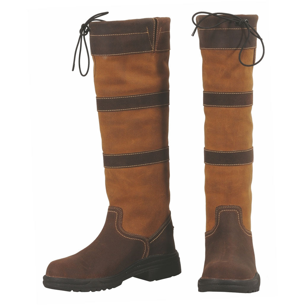 Pair of brown knee-high boots with black accents on a white background
