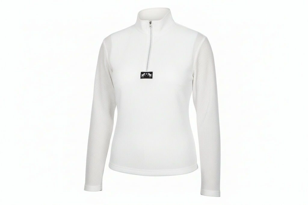  a white half-zip sweater with a logo on a white background