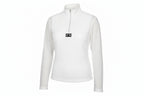  a white half-zip sweater with a logo on a white background