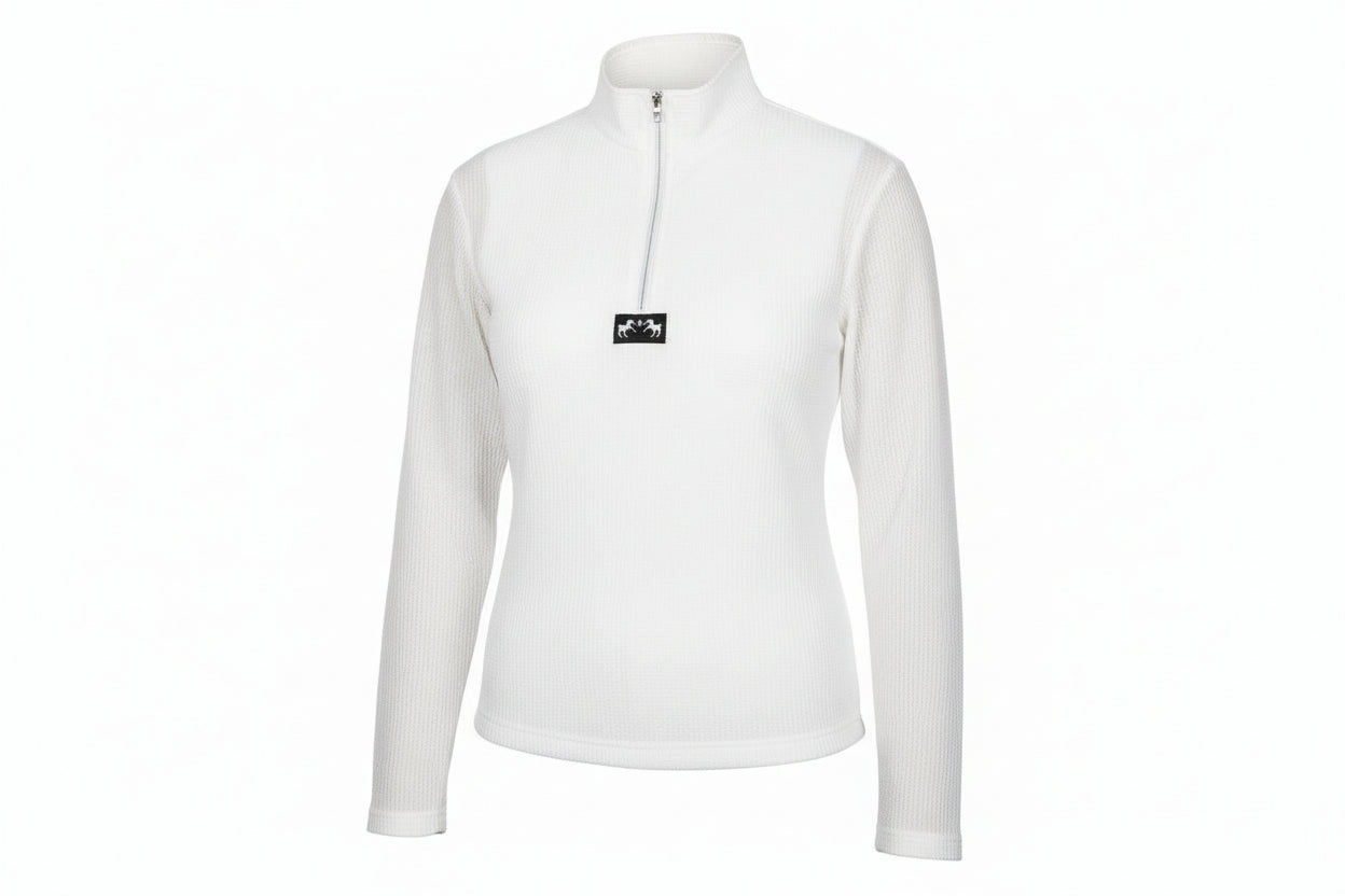  a white half-zip sweater with a logo on a white background