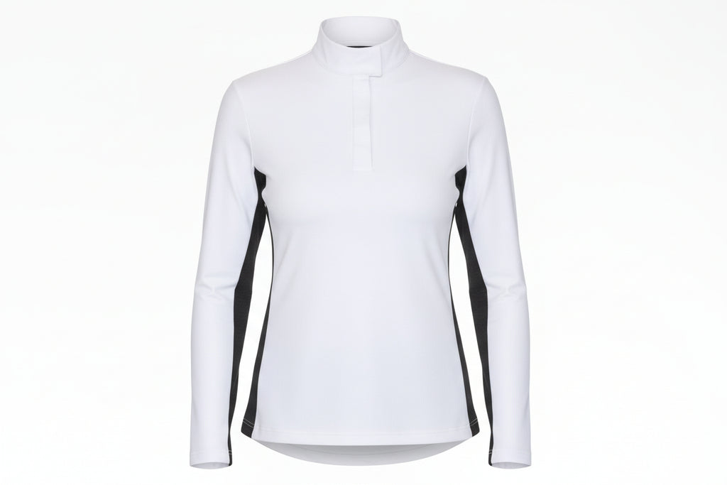 Woman wearing a white long-sleeve top with a high collar on a white background