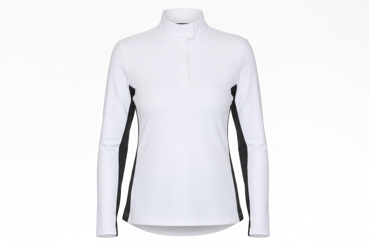 Woman wearing a white long-sleeve top with a high collar on a white background