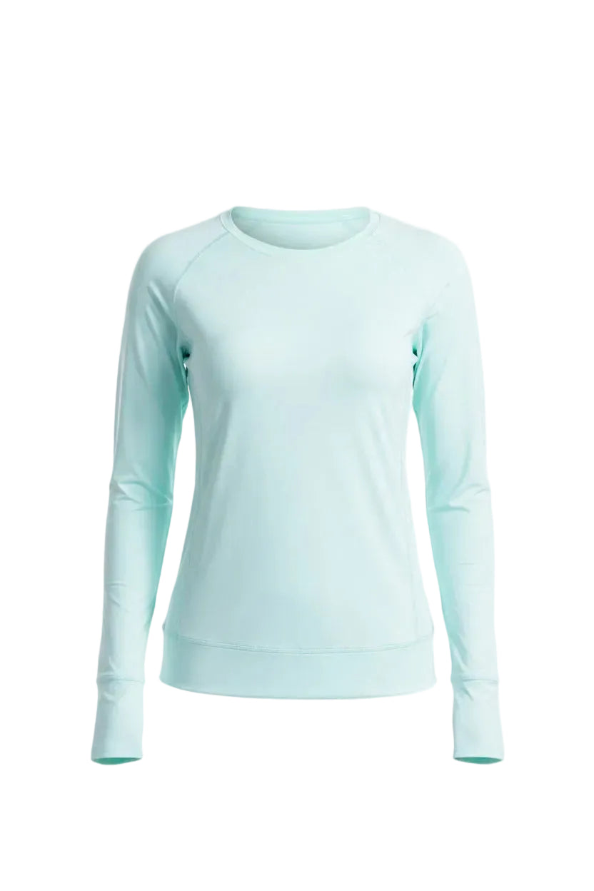 light blue long-sleeve athletic top on a white background