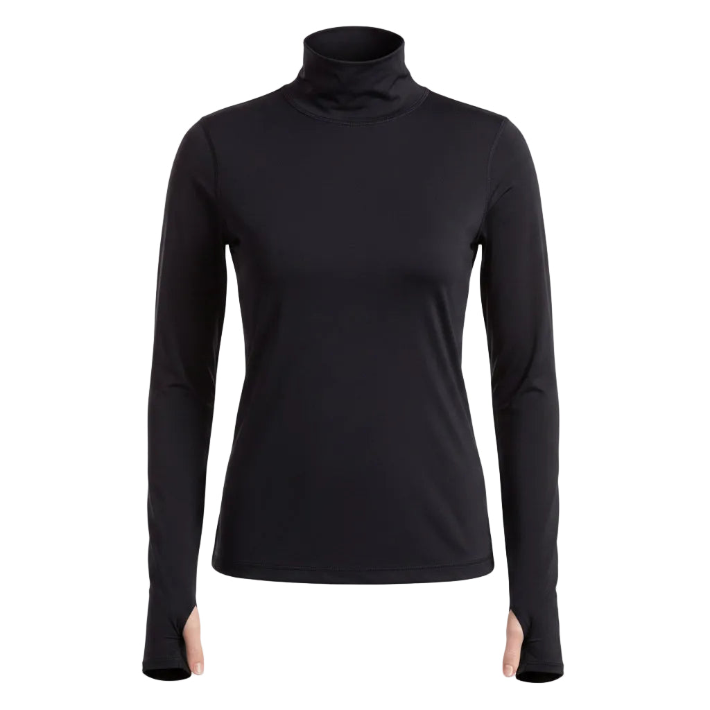 Woman wearing a black turtleneck and leggings on a white background