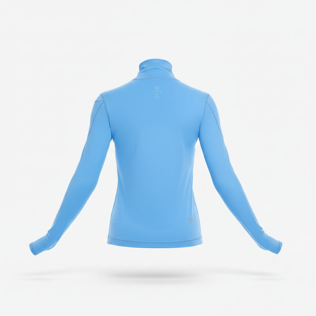 blue long-sleeve athletic top on a white background