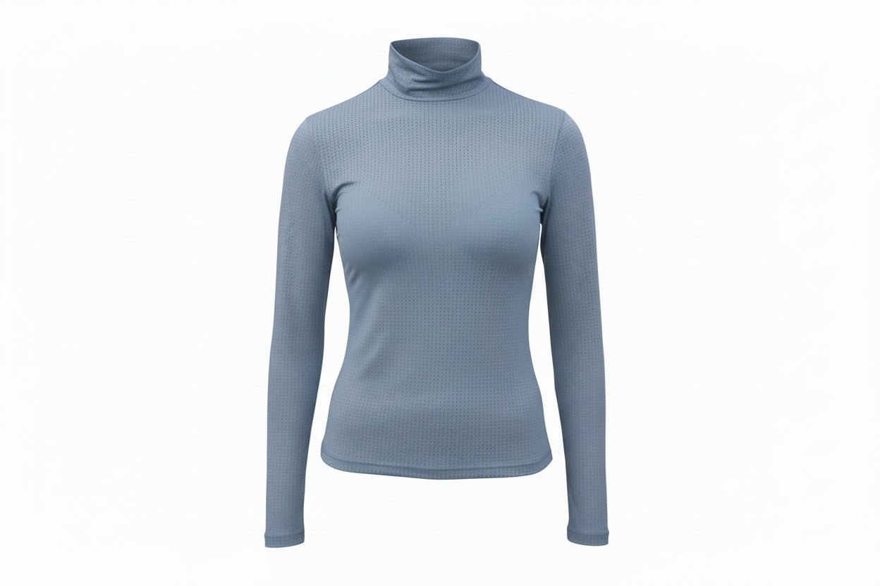 blue technical long sleeve turtle neck with perferated fabric