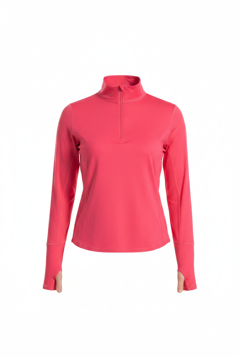 Woman wearing a pink long-sleeve top on a white background