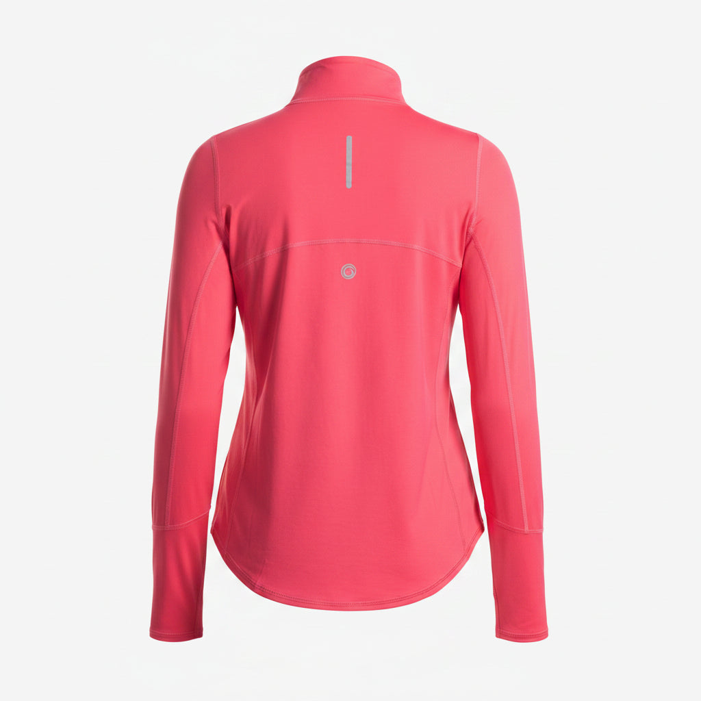 Woman wearing a pink long-sleeve athletic top on a white background