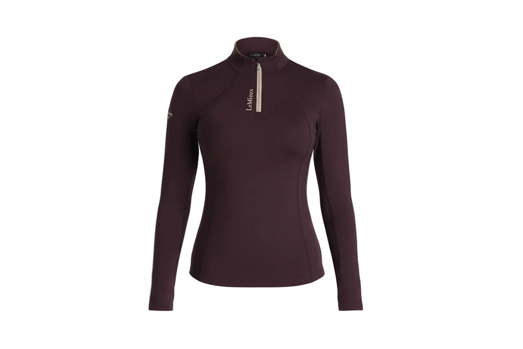 burgundy lone sleeve 3/4 zipper womens athletic top with lemieux branding