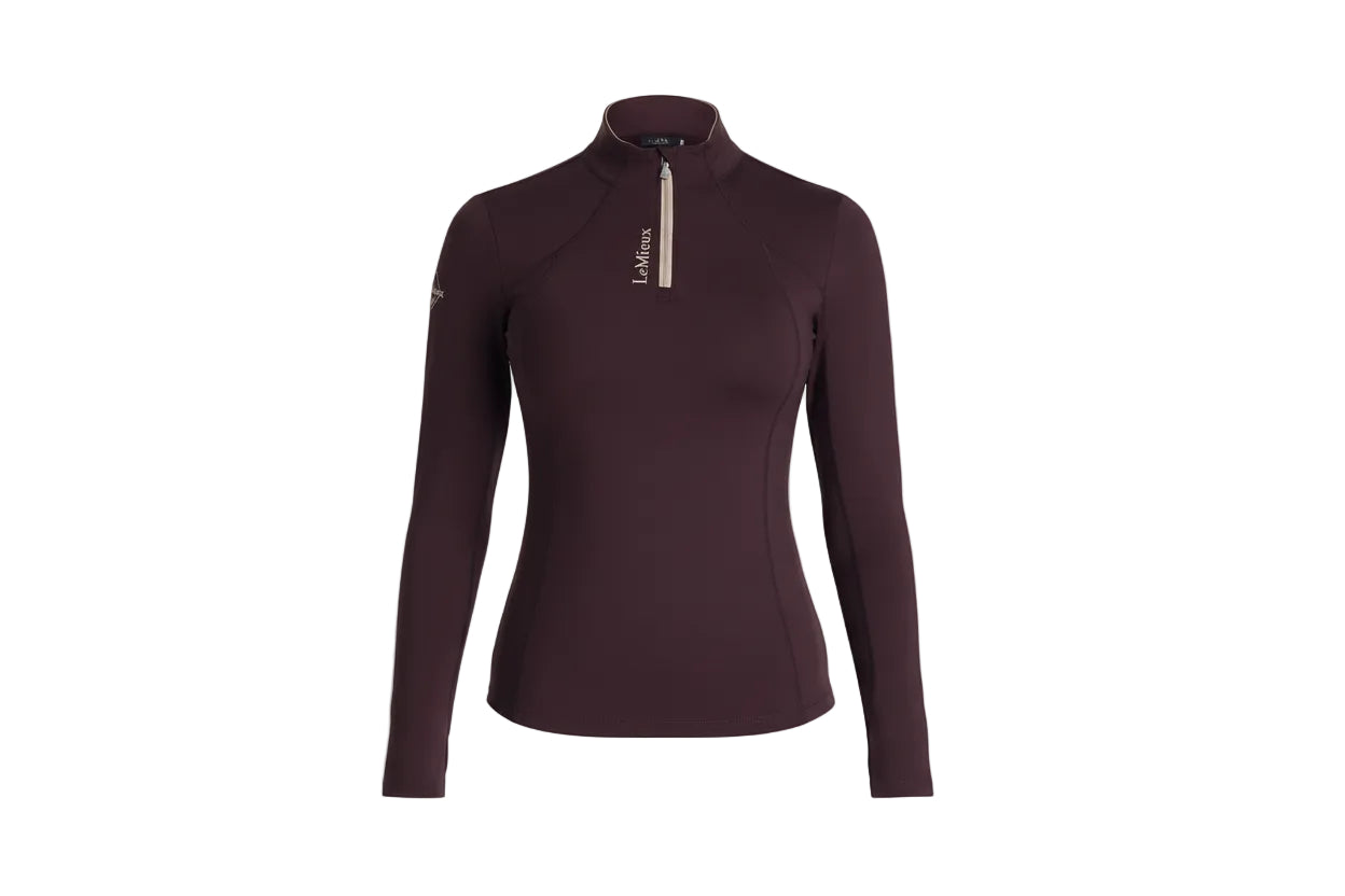 burgundy lone sleeve 3/4 zipper womens athletic top with lemieux branding
