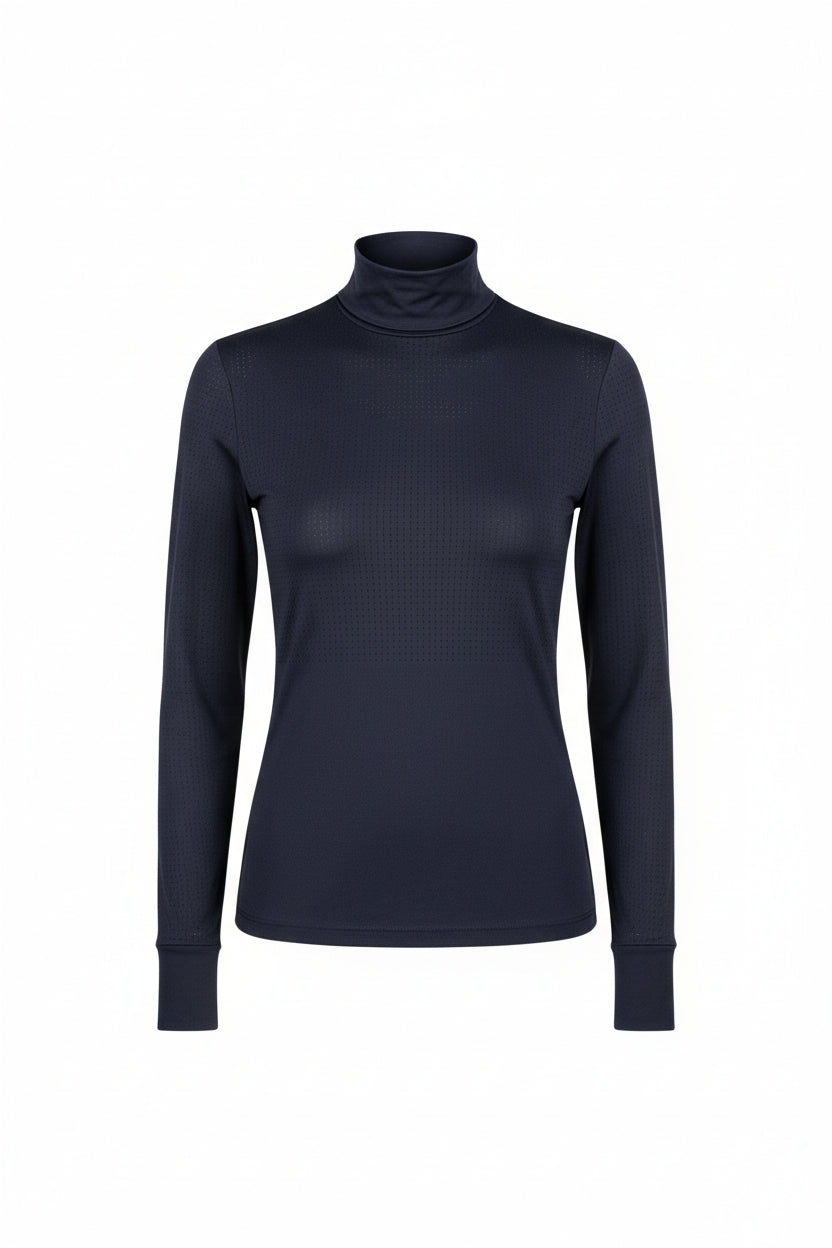 navy blue long sleeve technical turtle neck with perferated fabric