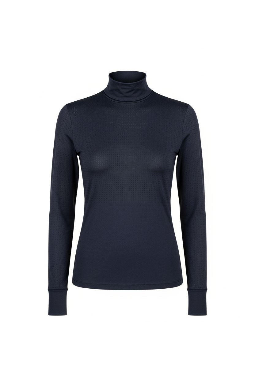 navy blue long sleeve technical turtle neck with perferated fabric