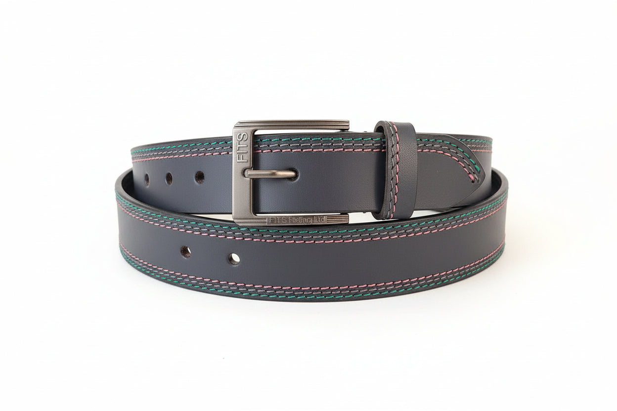 Leather belt with colorful stitching on a 'FITS RIDING' branded box.