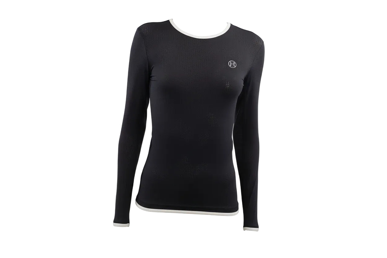 black long-sleeve top with a logo on a light gray background