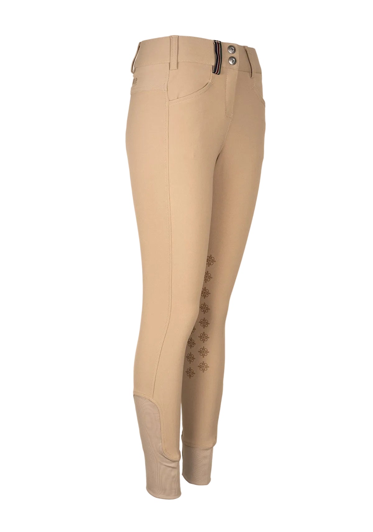 Beige riding pants with floral embroidery on a white background
