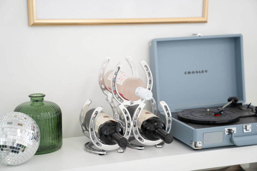 Huntley Horseshoe 3-Bottle Wine Rack, Aluminum Silver Finish