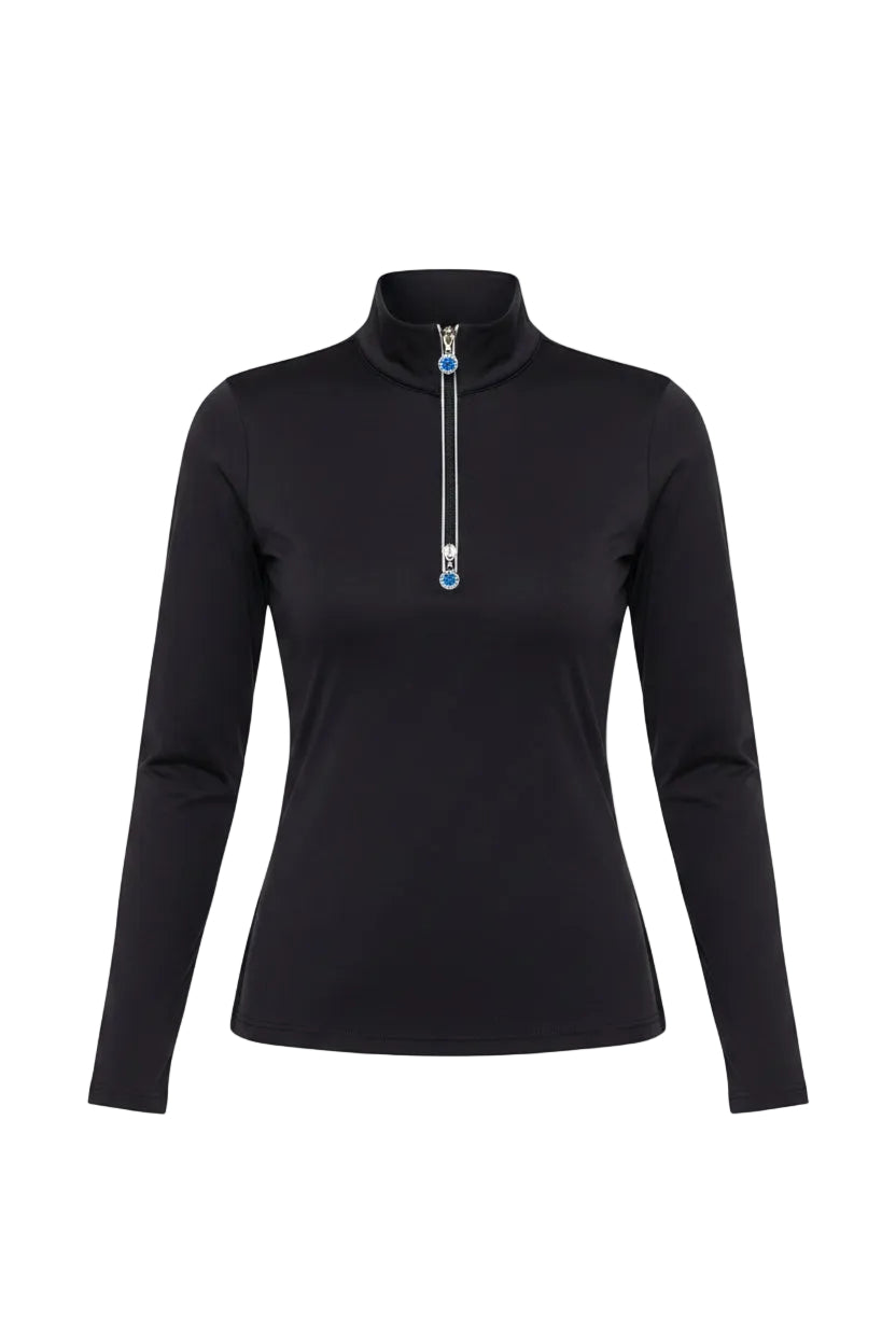 black long-sleeve top with a zipper, standing outdoors near a tree.