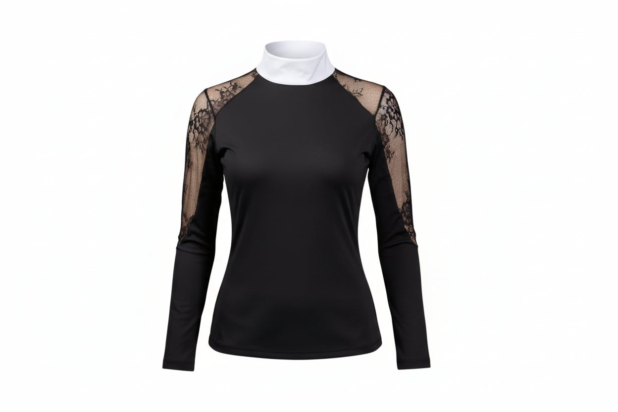  black top with lace sleeves and white pants on a white background