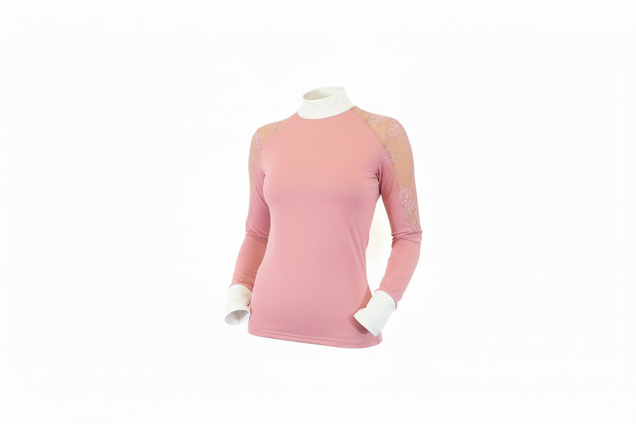 pink long-sleeve top with mesh panels on a white background