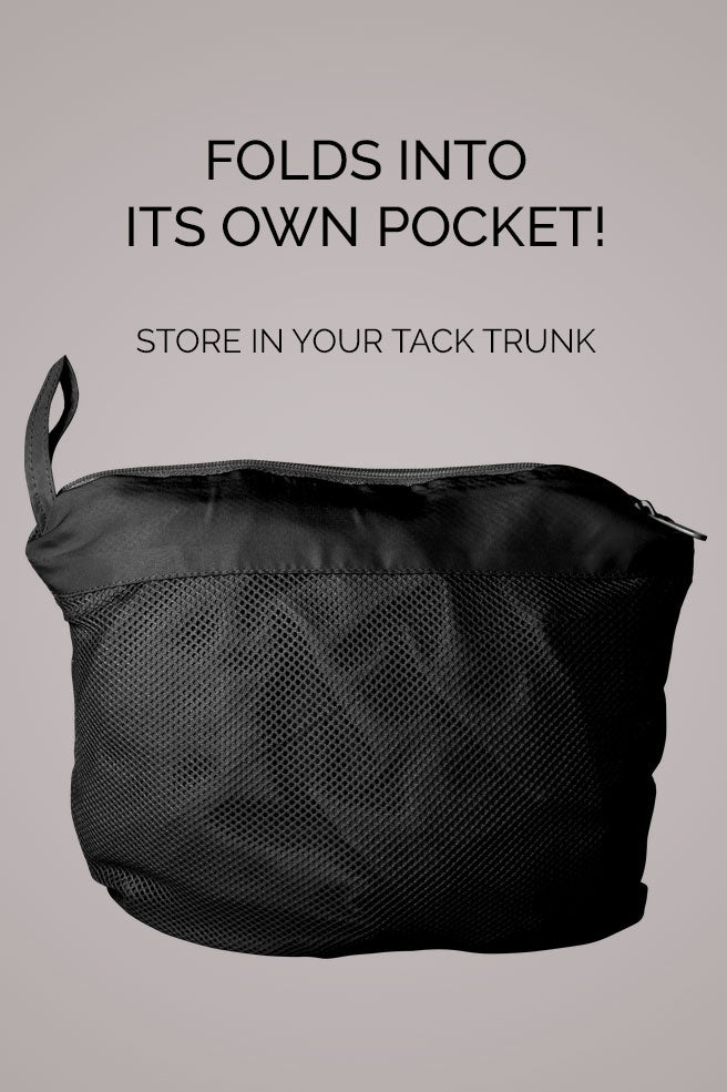 Black mesh bag with text on a gray background