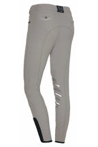Gray riding pants with black accents on a white background