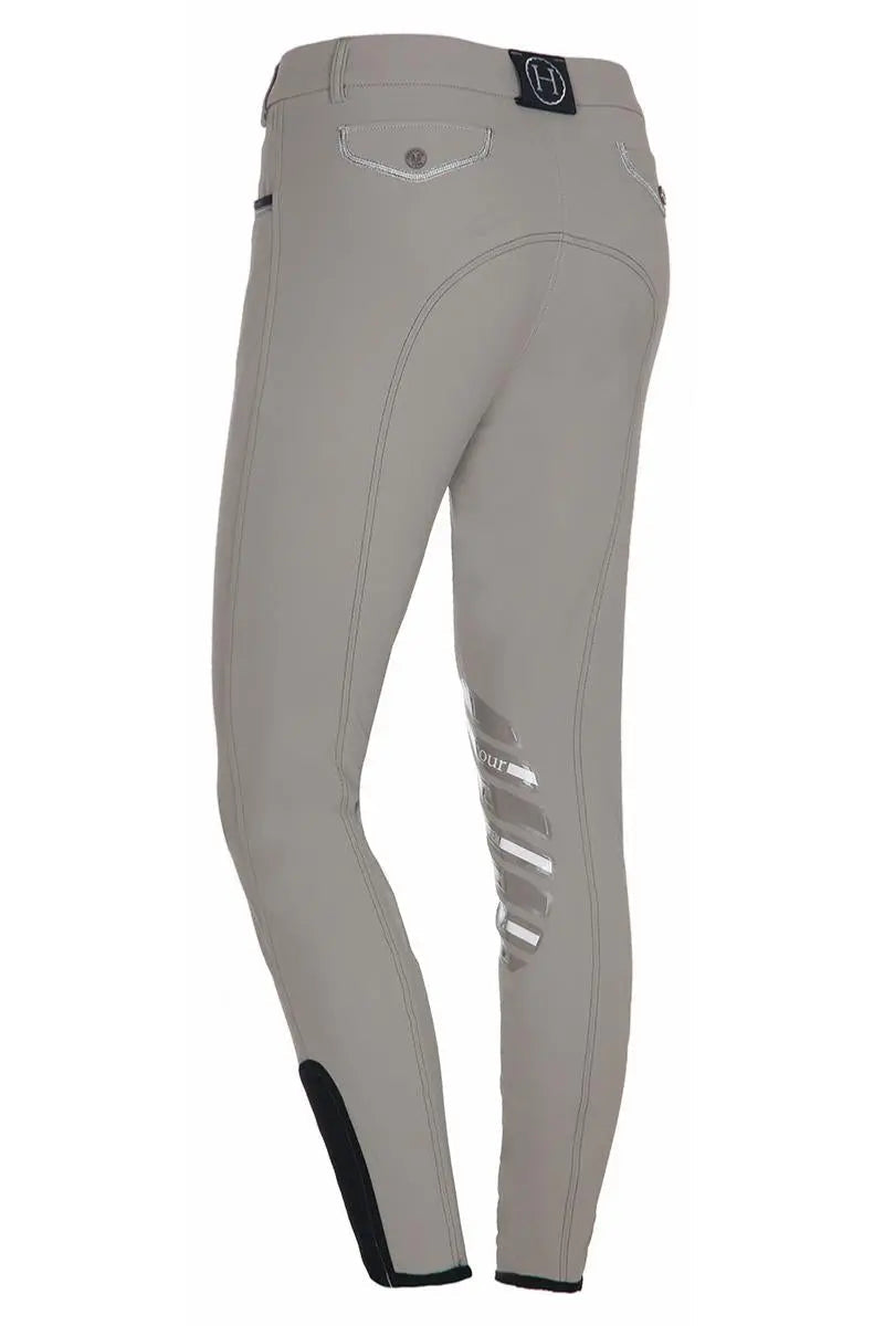 Gray riding pants with black accents on a white background