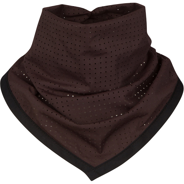 Brown neck gaiter with black border on a white background