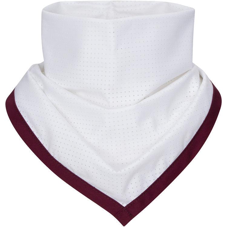 White bib with maroon trim on a white background