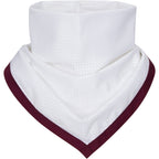 White bib with maroon trim on a white background