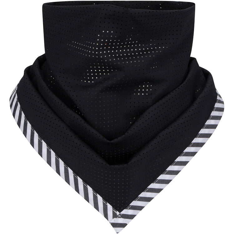 Black neck gaiter with striped border on a white background
