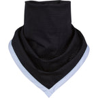 Black perforated neck gaiter with light blue trim on a white background