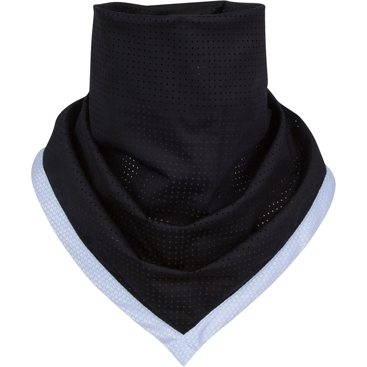 Black perforated neck gaiter with light blue trim on a white background