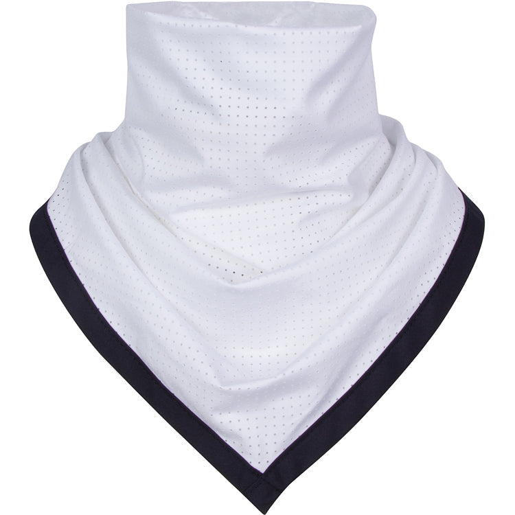 White neck gaiter with black trim on a white background