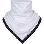 White neck gaiter with black trim on a white background