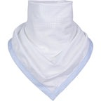 White bandana bib with blue trim on a white background