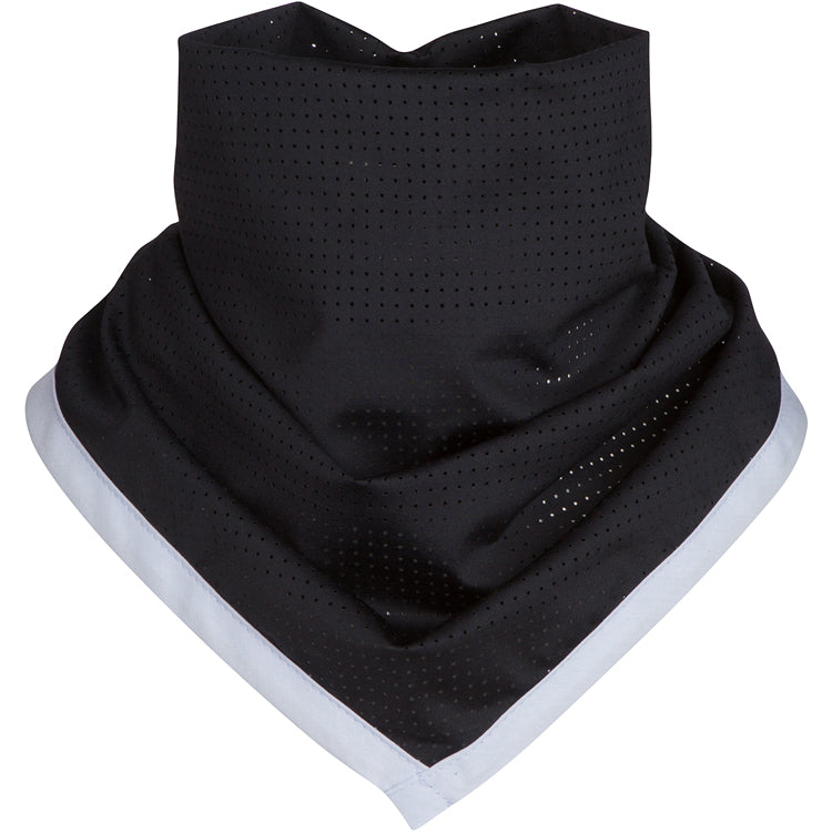 Black neck gaiter with white trim on a white background