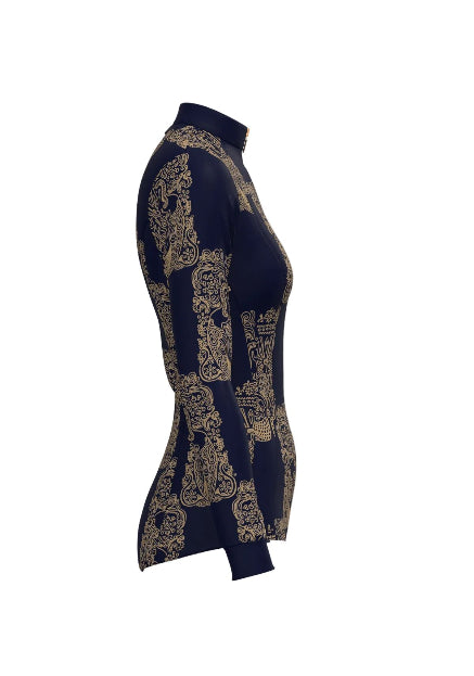 Navy blue dress with gold intricate patterns on a white background