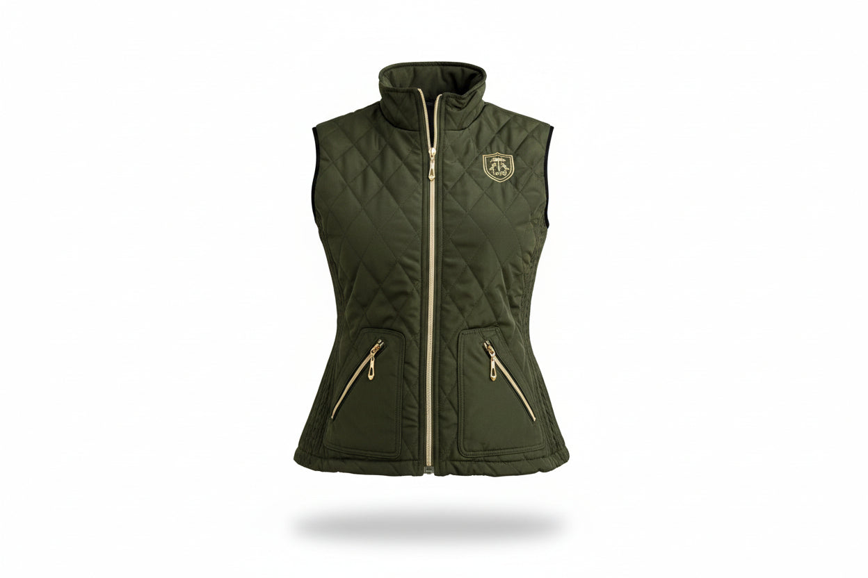 Woman in equestrian attire with a bottle of champagne in front of a horse.