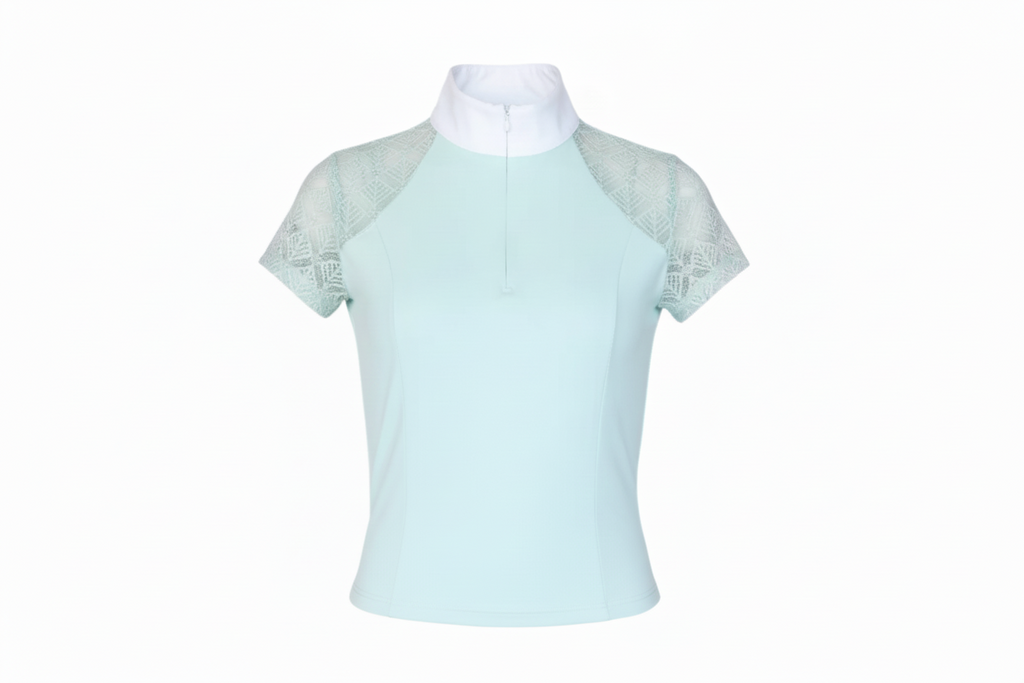 light blue top with lace sleeves on a white background