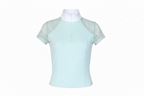 light blue top with lace sleeves on a white background