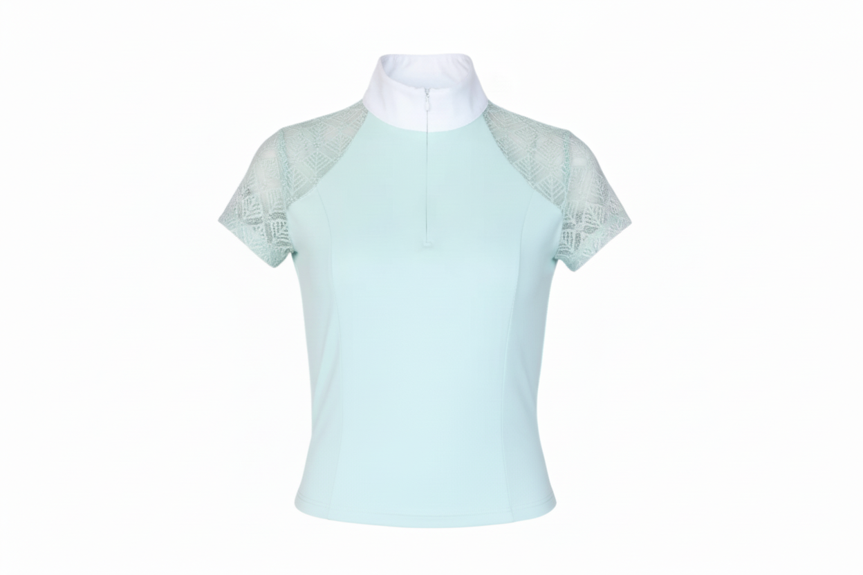 light blue top with lace sleeves on a white background