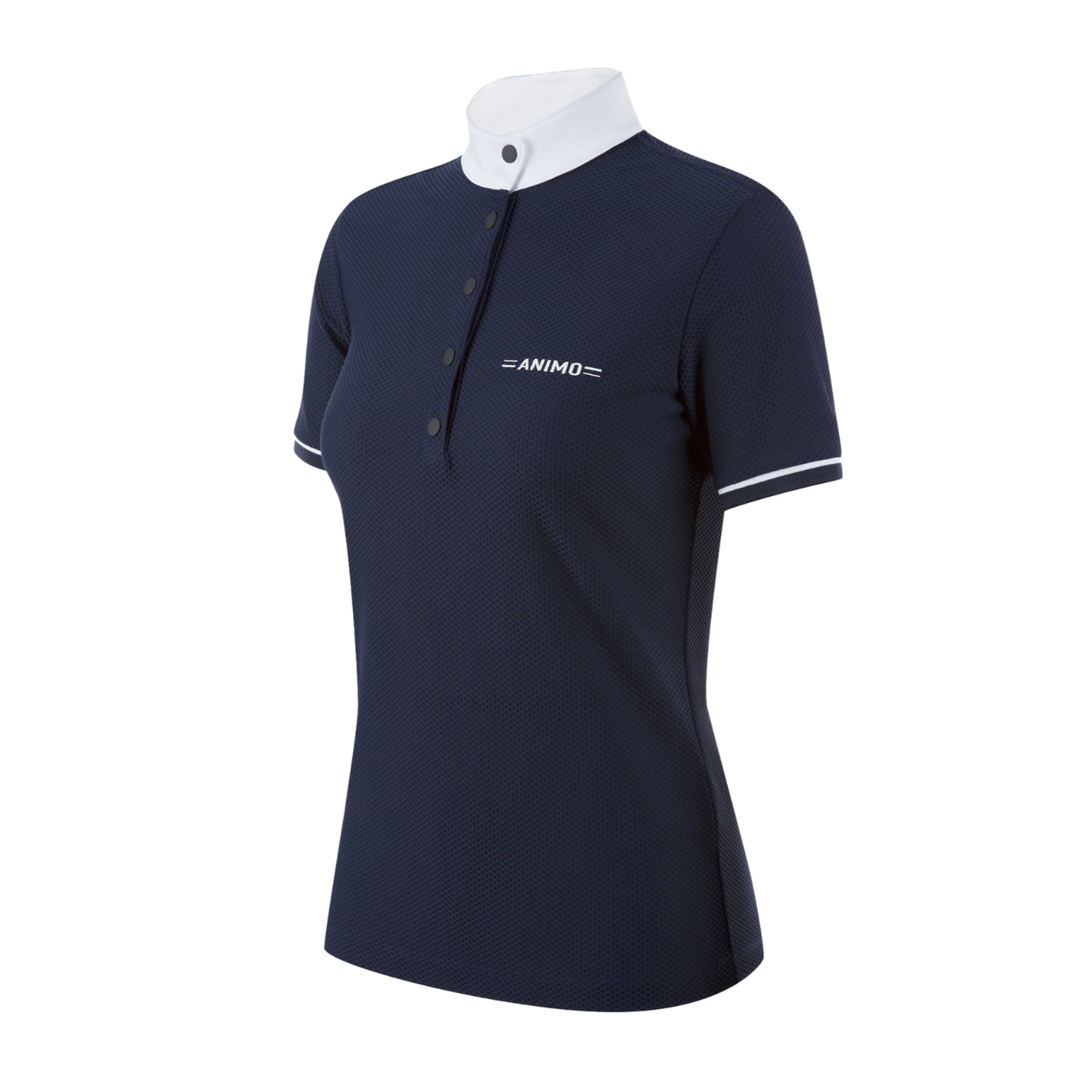 Navy polo shirt with white collar and 'Animo' logo on a white background