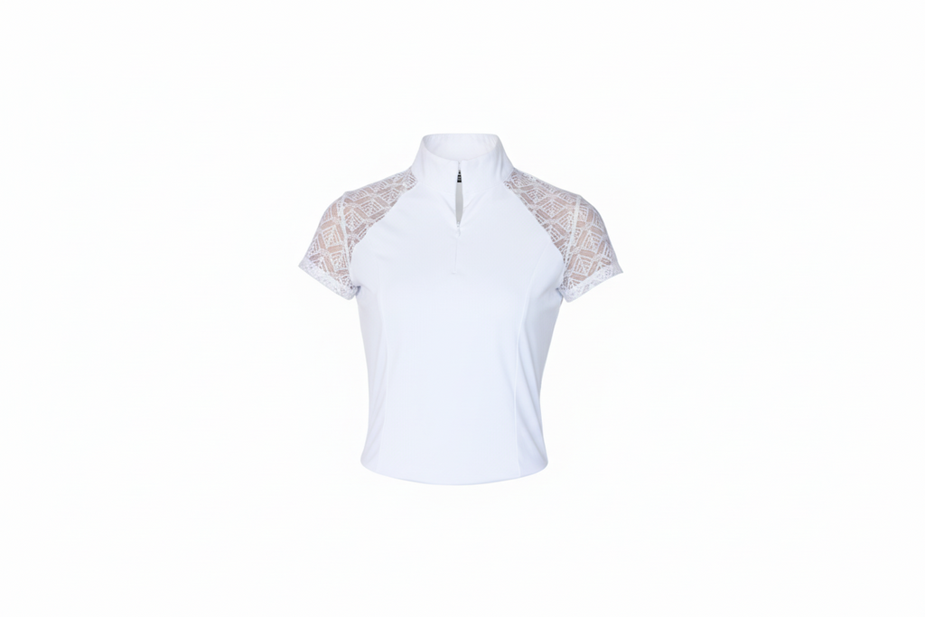 white equestrian top with lace sleeves on a white background