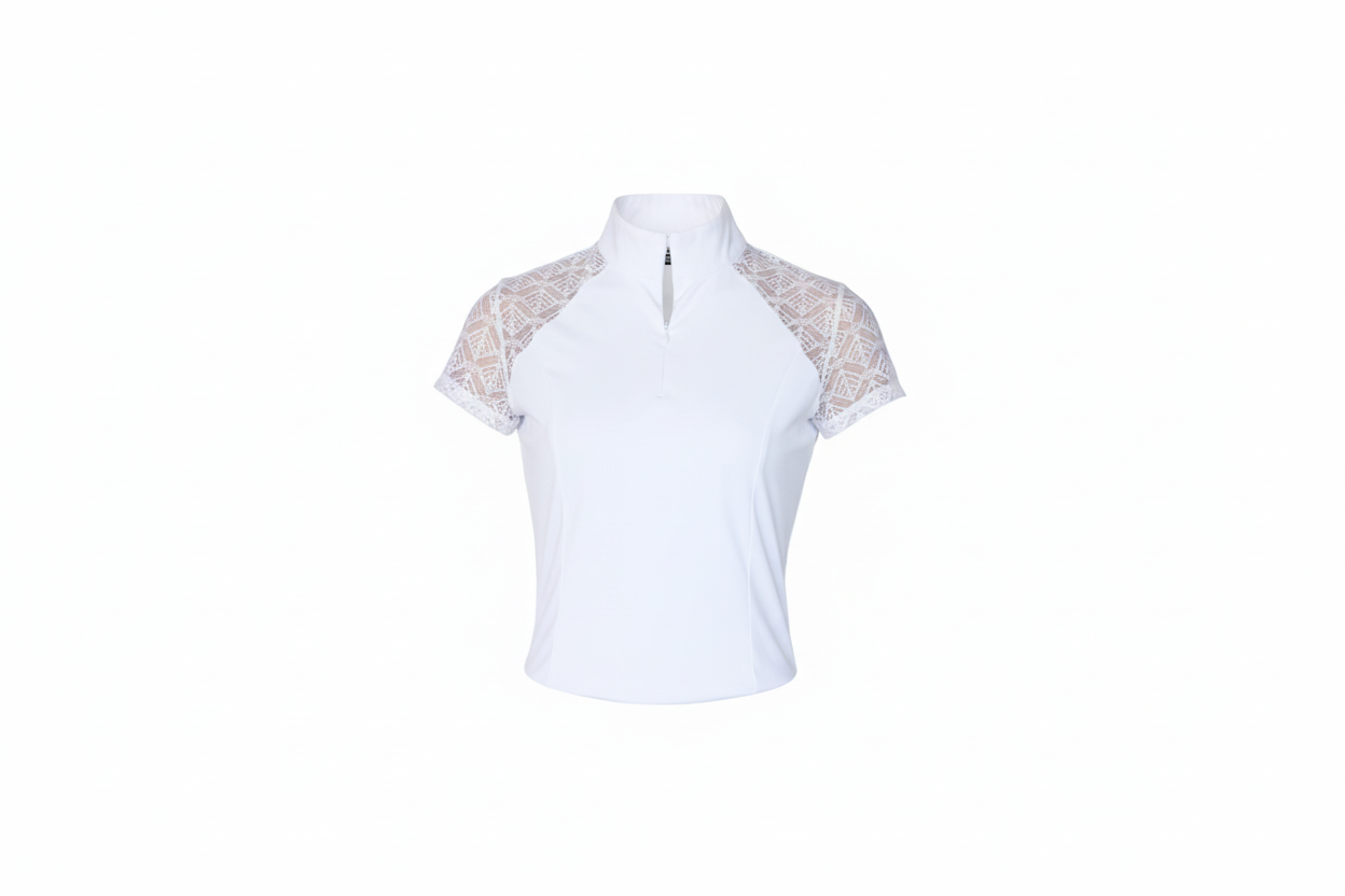 white equestrian top with lace sleeves on a white background