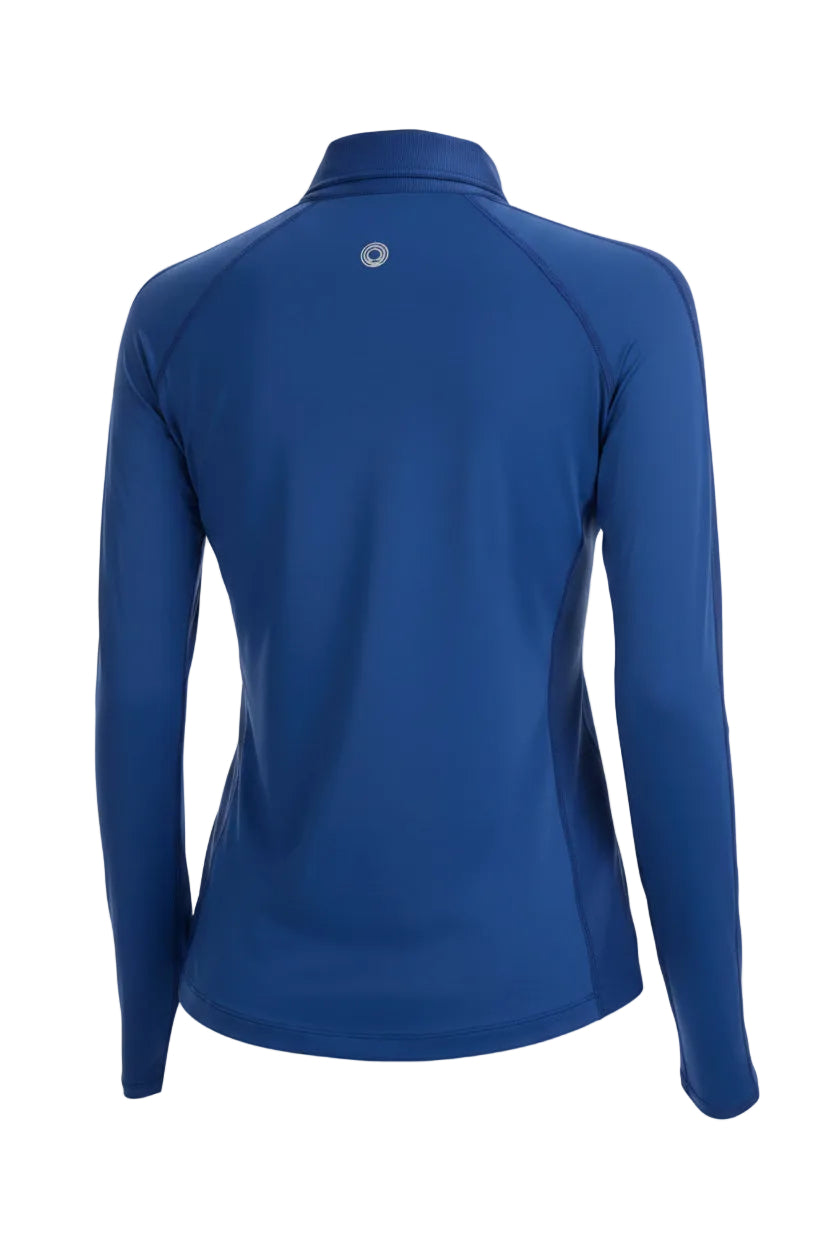 Blue long-sleeve athletic top on a white background