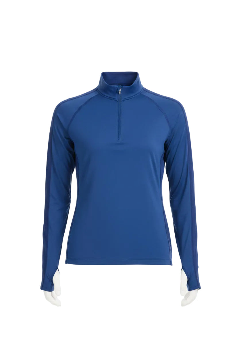 blue long-sleeve athletic top on a white background