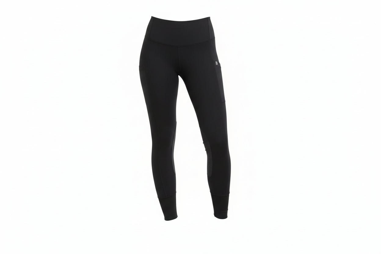 Black riding leggings with a brand logo on a white background