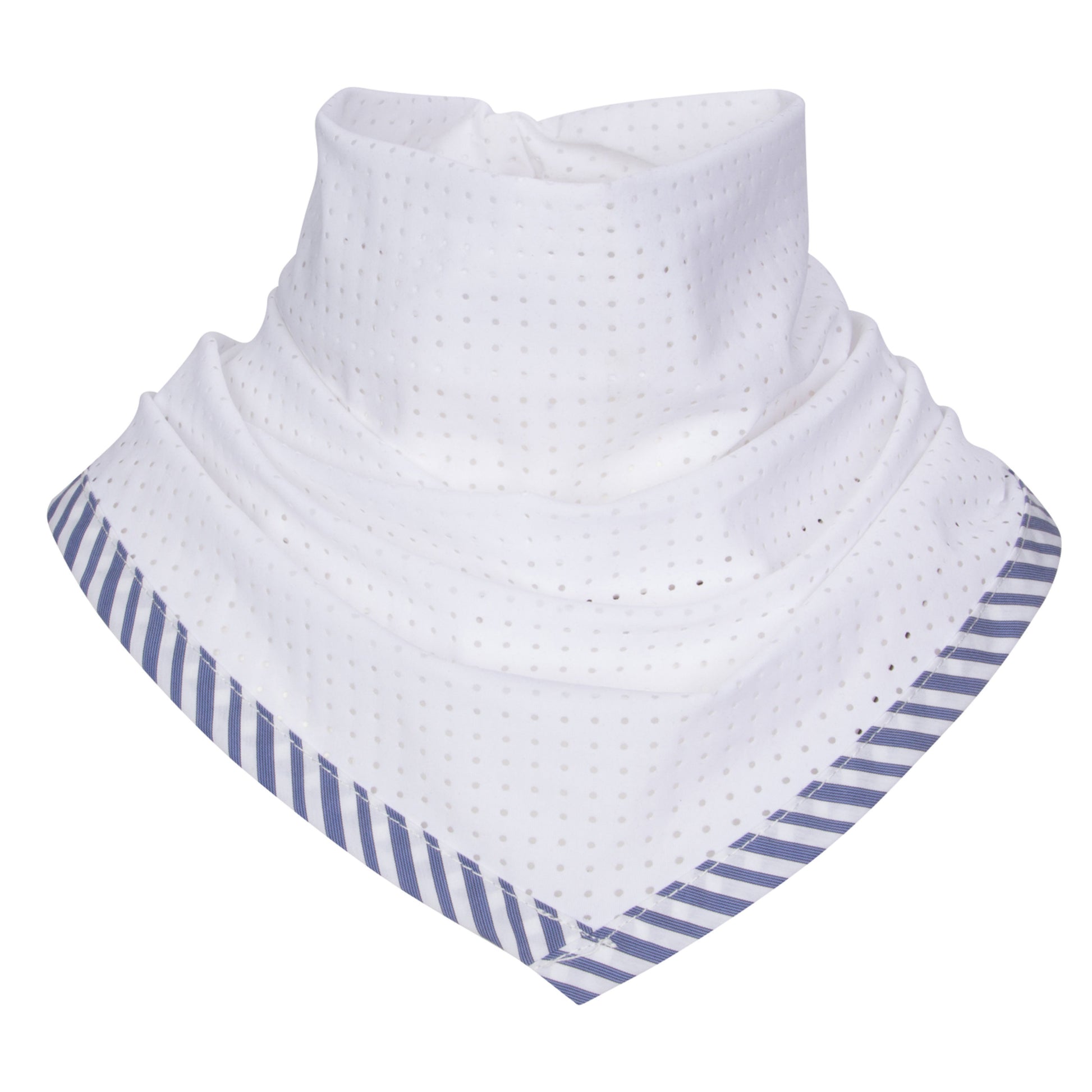 White bib with blue striped border on a white background