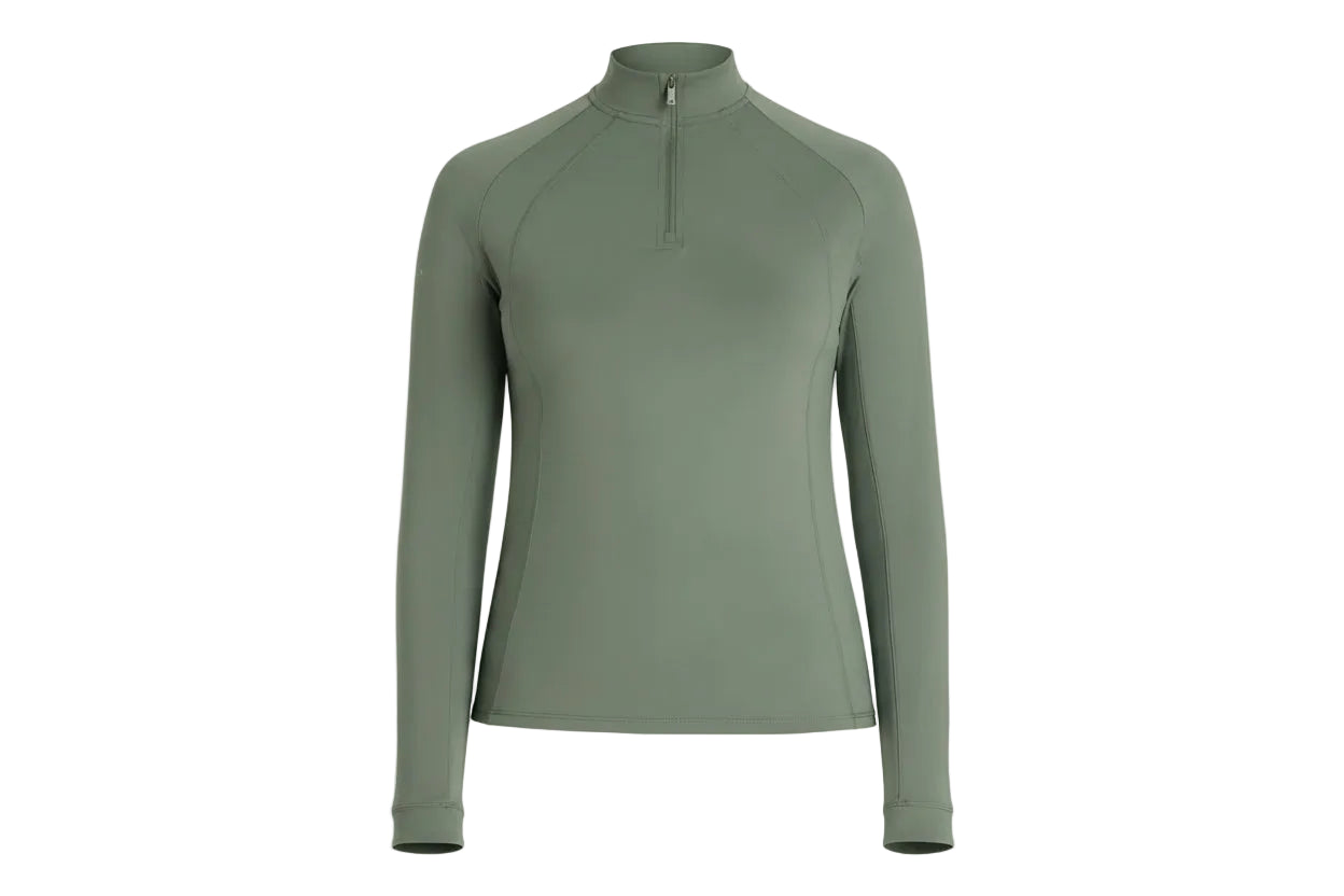olive green long sleeve technical athletic top with 3/4 zipper and mesh under arms.