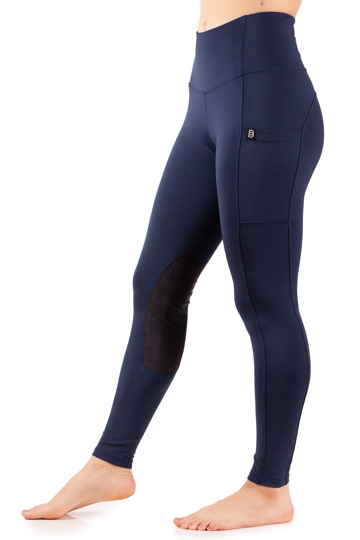navy blue equesrtian riding eggings with dark brown knee panels